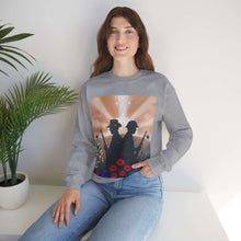 Load image into Gallery viewer, Sweatshirt with an Australian and New Zealand soldier back to back with light-horsemen in the background and poppies in the foreground