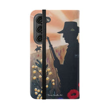 Load image into Gallery viewer, Phone case wallet with an Australian and New Zealand soldier back to back with light-horsemen in the background and poppies in the foreground
