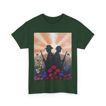 Load image into Gallery viewer, T-shirt with an Australian and New Zealand soldier back to back with light-horsemen in the background and poppies in the foreground