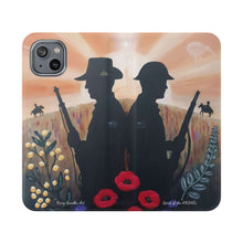 Load image into Gallery viewer, Phone case wallet with an Australian and New Zealand soldier back to back with light-horsemen in the background and poppies in the foreground