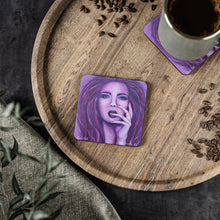 Load image into Gallery viewer, Corkwood underside, glossy finish on top. 1 or 4 pc sets. 9.5x9.5cm. Sensual portrait of a woman with her fingers on her face