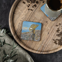Load image into Gallery viewer, Corkwood underside, glossy finish on top. 1 or 4 pc sets. 9.5 x 9.5cm. ANZAC slouch hat sitting on a gun