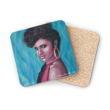 Load image into Gallery viewer, Corkwood underside, glossy finish on top. 1 or 4 pc sets. 9.5 x 9.5cm. Portrait of a beautiful female w/ turquoise flames
