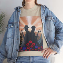 Load image into Gallery viewer, T-shirt with an Australian and New Zealand soldier back to back with light-horsemen in the background and poppies in the foreground