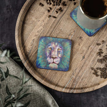 Load image into Gallery viewer, Corkwood underside, glossy finish on top. 1 or 4 pc sets. 9.5 x 9.5cm. Bold coloured lion head portrait. Leo the lion