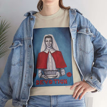 Load image into Gallery viewer, WWI Nurse in a red cape, holding a pan with red poppies and the word Devotion at the bottom