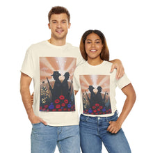 Load image into Gallery viewer, T-shirt with an Australian and New Zealand soldier back to back with light-horsemen in the background and poppies in the foreground