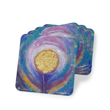 Load image into Gallery viewer, Corkwood underside, glossy finish on top. 1 or 4 pc sets. 9.5 x 9.5cm. Abstract flower with gold & colourful background