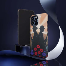 Load image into Gallery viewer, Phone case with an Australian and New Zealand soldier back to back with light-horsemen in the background and poppies in the foreground