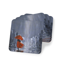 Load image into Gallery viewer, Corkwood underside, glossy finish on top. 1 or 4 pc sets. 9.5x9.5cm. Lady wearing red w/ umbrella, city & water reflections