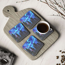 Load image into Gallery viewer, Corkwood underside, glossy finish on top. 1 or 4 pc sets. 9.5 x 9.5cm. Aurora Borealis, Aurora Australis, northern lights