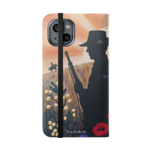 Load image into Gallery viewer, Phone case wallet with an Australian and New Zealand soldier back to back with light-horsemen in the background and poppies in the foreground
