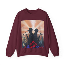 Load image into Gallery viewer, Sweatshirt with an Australian and New Zealand soldier back to back with light-horsemen in the background and poppies in the foreground