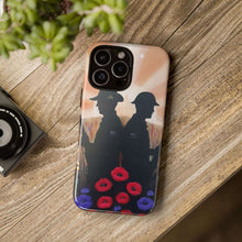 Load image into Gallery viewer, Phone case with an Australian and New Zealand soldier back to back with light-horsemen in the background and poppies in the foreground