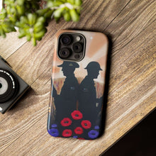 Load image into Gallery viewer, Phone case with an Australian and New Zealand soldier back to back with light-horsemen in the background and poppies in the foreground