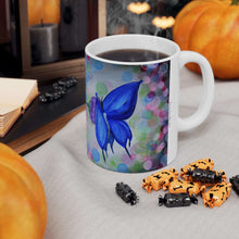 Load image into Gallery viewer, 11oz BPA, lead-free, microwave/dishwasher safe, white ceramic, vivid colours. Many original artworks by Kerry Sandhu Art