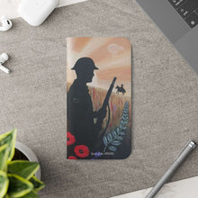 Load image into Gallery viewer, Phone case wallet with an Australian and New Zealand soldier back to back with light-horsemen in the background and poppies in the foreground