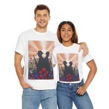 Load image into Gallery viewer, T-shirt with an Australian and New Zealand soldier back to back with light-horsemen in the background and poppies in the foreground