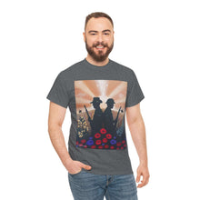 Load image into Gallery viewer, T-shirt with an Australian and New Zealand soldier back to back with light-horsemen in the background and poppies in the foreground