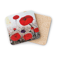 Load image into Gallery viewer, Corkwood underside, glossy finish on top. 1 or 4 pc sets. 9.5x9.5cm. ANZAC inspired red poppies for fallen service personnel