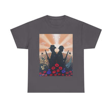 Load image into Gallery viewer, T-shirt with an Australian and New Zealand soldier back to back with light-horsemen in the background and poppies in the foreground