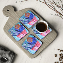 Load image into Gallery viewer, Corkwood underside, glossy finish on top. 1 or 4 pc sets. 9.5 x 9.5cm. Impressionistic painting of a banksia plant in a pot.