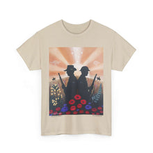 Load image into Gallery viewer, T-shirt with an Australian and New Zealand soldier back to back with light-horsemen in the background and poppies in the foreground