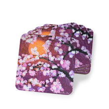 Load image into Gallery viewer, Corkwood underside, glossy finish on top. 1 or 4 pc sets. 9.5 x 9.5cm. Beautiful cherry blossom pink, purple & white flowers