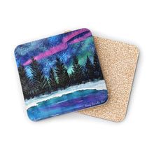 Load image into Gallery viewer, Corkwood underside, glossy finish on top. Available in 1 or 4 pc sets. 9.5 x 9.5cm. Northern lights, Aurora Borealis, snow