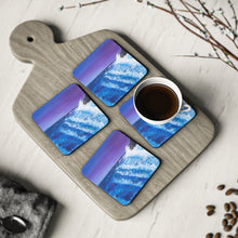 Load image into Gallery viewer, Corkwood underside, glossy finish on top. 1 or 4 pc sets. 9.5 x 9.5cm. Waves crashing on rocks with a magenta sunset