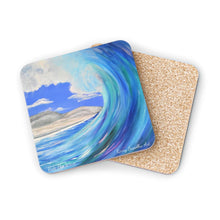 Load image into Gallery viewer, Corkwood underside, glossy finish on top. 1 or 4 pc sets. 9.5 x 9.5cm. Wave crashing at a beach