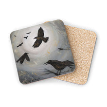 Load image into Gallery viewer, Corkwood underside, glossy finish on top. Available in 1 or 4 pc sets. 9.5 x 9.5cm. Scene of crows, ravens, blackbirds flying