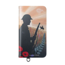 Load image into Gallery viewer, Phone case wallet with an Australian and New Zealand soldier back to back with light-horsemen in the background and poppies in the foreground