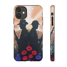 Load image into Gallery viewer, Phone case with an Australian and New Zealand soldier back to back with light-horsemen in the background and poppies in the foreground