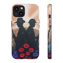 Load image into Gallery viewer, Phone case with an Australian and New Zealand soldier back to back with light-horsemen in the background and poppies in the foreground