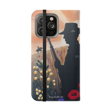 Load image into Gallery viewer, Phone case wallet with an Australian and New Zealand soldier back to back with light-horsemen in the background and poppies in the foreground