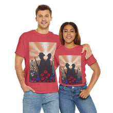 Load image into Gallery viewer, T-shirt with an Australian and New Zealand soldier back to back with light-horsemen in the background and poppies in the foreground