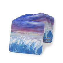 Load image into Gallery viewer, Corkwood underside, glossy finish on top. 1 or 4 pc sets. 9.5 x 9.5cm. Abstract ocean waves and sunset