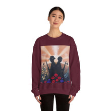Load image into Gallery viewer, Sweatshirt with an Australian and New Zealand soldier back to back with light-horsemen in the background and poppies in the foreground