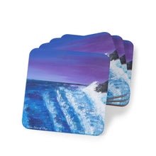 Load image into Gallery viewer, Corkwood underside, glossy finish on top. 1 or 4 pc sets. 9.5 x 9.5cm. Waves crashing on rocks with a magenta sunset