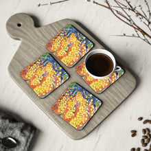 Load image into Gallery viewer, Corkwood underside, glossy finish on top. 1 or 4 pc sets. 9.5 x 9.5cm. Impressionistic painting of golden wattle flowers