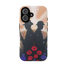 Load image into Gallery viewer, Phone case with an Australian and New Zealand soldier back to back with light-horsemen in the background and poppies in the foreground