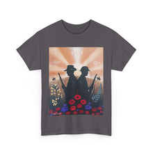Load image into Gallery viewer, T-shirt with an Australian and New Zealand soldier back to back with light-horsemen in the background and poppies in the foreground