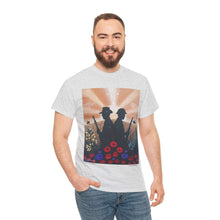 Load image into Gallery viewer, T-shirt with an Australian and New Zealand soldier back to back with light-horsemen in the background and poppies in the foreground