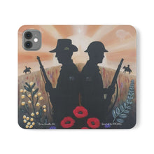 Load image into Gallery viewer, Phone case wallet with an Australian and New Zealand soldier back to back with light-horsemen in the background and poppies in the foreground