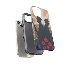 Load image into Gallery viewer, Phone case with an Australian and New Zealand soldier back to back with light-horsemen in the background and poppies in the foreground
