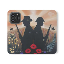 Load image into Gallery viewer, Phone case wallet with an Australian and New Zealand soldier back to back with light-horsemen in the background and poppies in the foreground