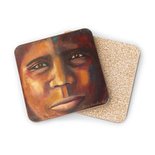 Load image into Gallery viewer, Corkwood underside, glossy finish on top. 1 or 4 pc sets. 9.5 x 9.5cm. Close up portrait of a First Nations Aboriginal
