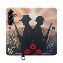 Load image into Gallery viewer, Phone case wallet with an Australian and New Zealand soldier back to back with light-horsemen in the background and poppies in the foreground