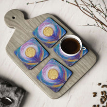 Load image into Gallery viewer, Corkwood underside, glossy finish on top. 1 or 4 pc sets. 9.5 x 9.5cm. Abstract flower with gold & colourful background
